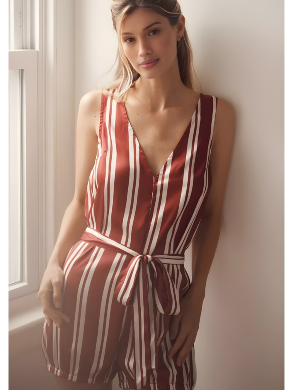 Anthropologie Silky Pajama Sleep Romper XL NWT Red Stripe Tie Waist Sleep Lounge